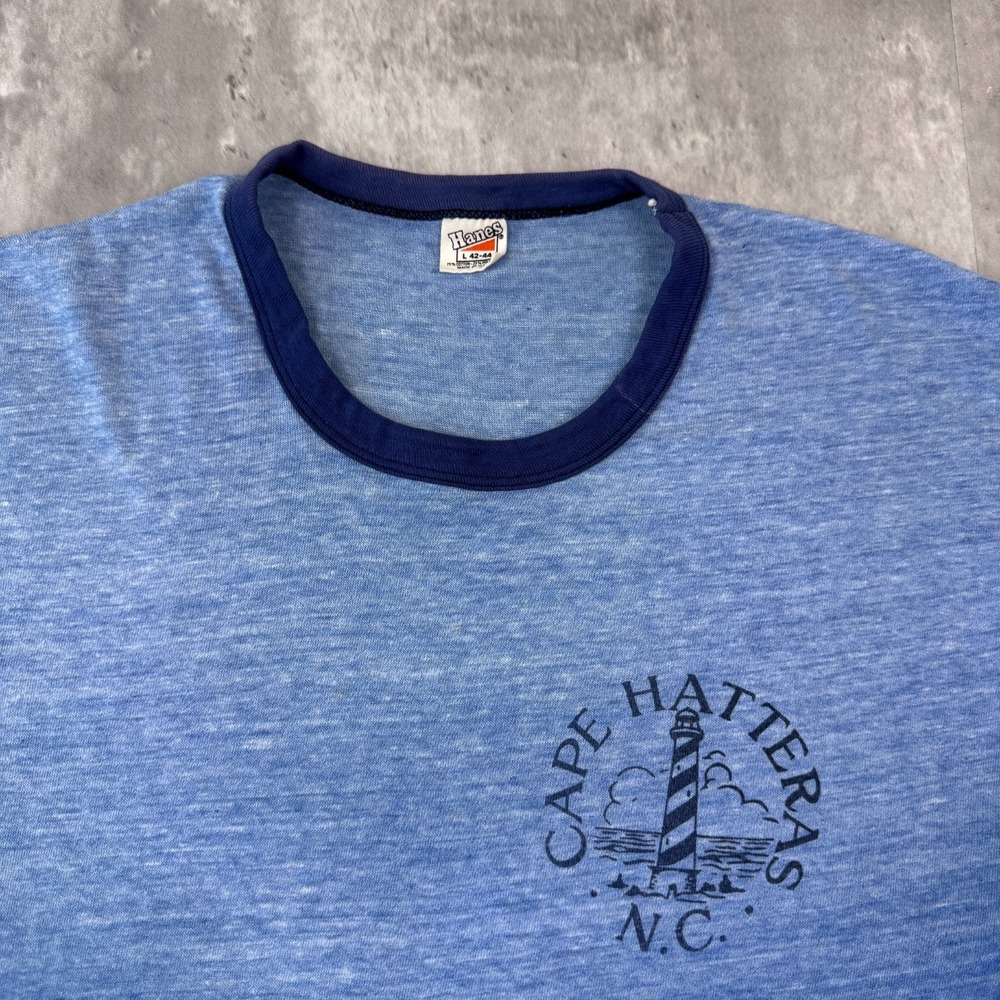 Vintage Cape Hatteras Ringer T-Shirt Mens Large Blue Carolina Paper Thin 70s - Picture 5 of 11